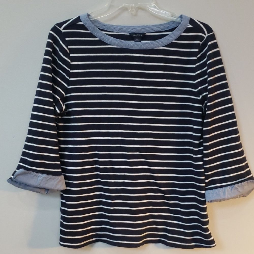 Nautica Top Womens L Navy White Breton Stripe Chambray Trim Beach Preppy Casual
